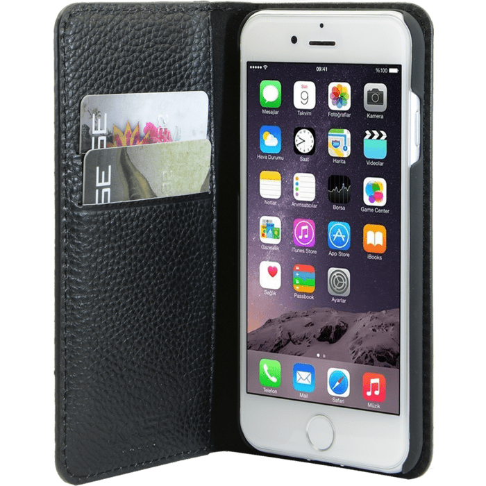 Étui portefeuille en cuir véritable pour Apple iPhone 7/8, cuir de Veau Shrunken Noir