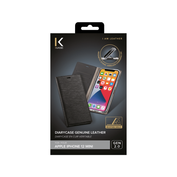 Diarycase 2.0 Coque clapet en cuir v&eacute;ritable avec support aimant&eacute; pour Apple iPhone 12 mini, Noir Minuit