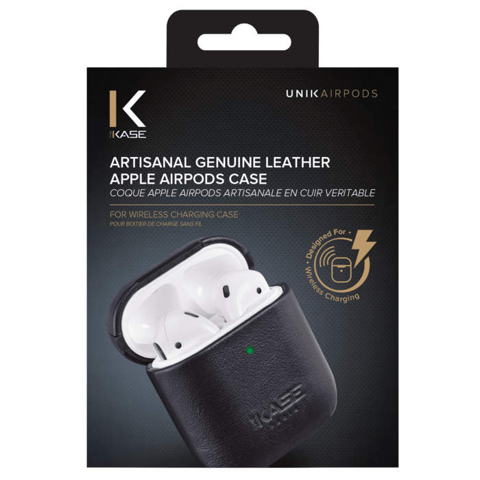 Coque Apple AirPods artisanale en cuir véritable, Noir Satin