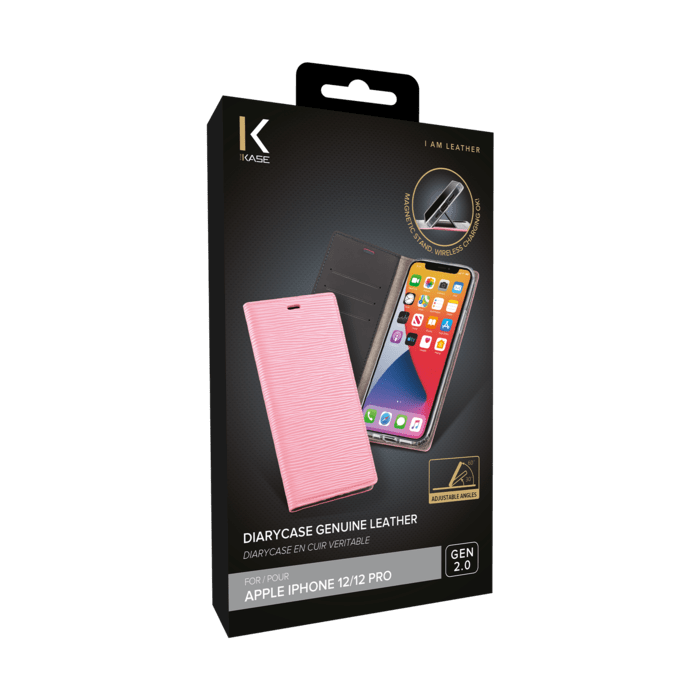 Diarycase 2.0 Coque clapet en cuir v&eacute;ritable avec support aimant&eacute; pour Apple iPhone 12/12 Pro, Rose Pastel