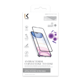 Protection d&rsquo;&eacute;cran antibact&eacute;rienne en verre tremp&eacute; ultra-r&eacute;sistant &agrave; bords incurv&eacute;s pour Apple iPhone 15 Pro Max, Noir