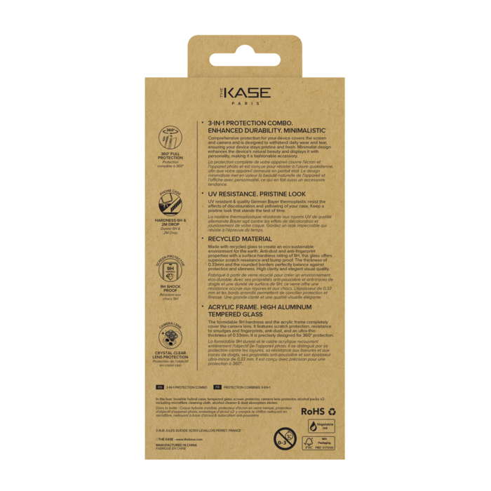 Pack combin&eacute; 3 en 1: Coque hybride invisible, &Eacute;cran en verre tremp&eacute; de qualit&eacute; sup&eacute;rieure et  Protecteur de l&rsquo;objectif de la cam&eacute;ra pour Apple iPhone 16 Pro Max, Transparente