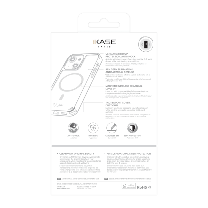 Coque antibactérienne antichoc magnétique invisible pour Apple iPhone 14, Transparente