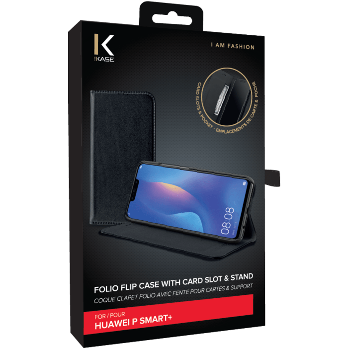 Coque clapet folio avec fente pour cartes & support pour Huawei P Smart+, Noir