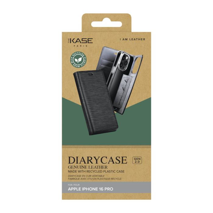 Diarycase 2.0 Coque clapet en cuir véritable avec support aimanté et fabriqué avec un étui en plastique recyclé pour Apple iPhone 16 Pro, Noir Minuit