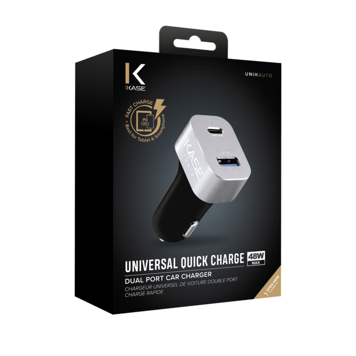 Chargeur universel de voiture double port charge rapide 48W (Power Delivery), Noir