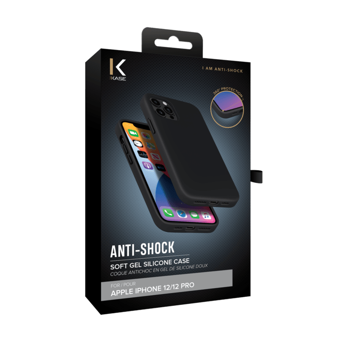(O) Coque antichoc en gel de silicone doux pour Apple iPhone 12/12 Pro, Noir satin