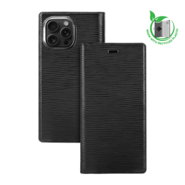 Diarycase 2.0 Coque clapet en cuir véritable avec support aimanté et fabriqué avec un étui en plastique recyclé pour Apple iPhone 16 Pro Max, Noir Minuit