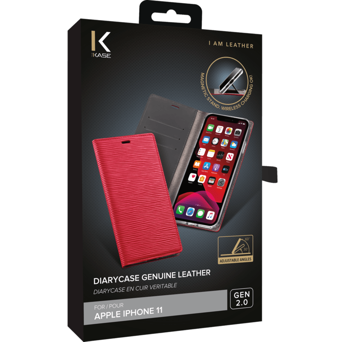 Diarycase 2.0 Genuine Leather flip case with magnetic stand for Apple iPhone 11, Maroon Red