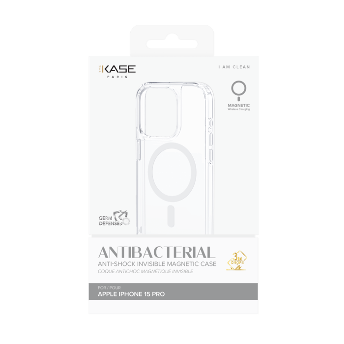Coque antibact&eacute;rienne antichoc magn&eacute;tique invisible pour Apple iPhone 15 Pro, Transparente