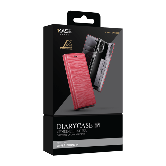 Diarycase 2.0 Coque clapet en cuir v&eacute;ritable avec support aimant&eacute; pour Apple iPhone 14, Rouge Bordeaux