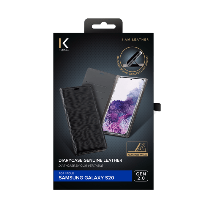 Diarycase 2.0 Coque clapet en cuir v&eacute;ritable avec support aimant&eacute; pour Samsung Galaxy S20, Minuit Noir