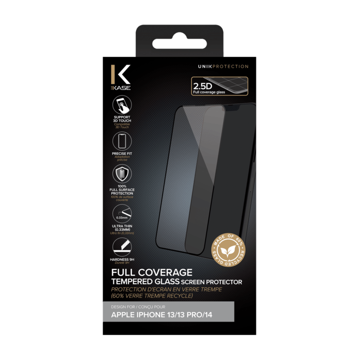 Protection d'&eacute;cran en verre tremp&eacute; (60% verre tremp&eacute; recycl&eacute;) pour Apple iPhone 13/ 13 Pro/ 14, Noir