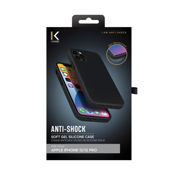 (O) Coque antichoc en gel de silicone doux pour Apple iPhone 12/12 Pro, Noir satin