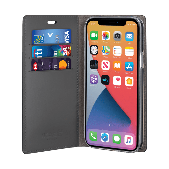 Diarycase 2.0 Coque clapet en cuir v&eacute;ritable avec support aimant&eacute; pour Apple iPhone 12/12 Pro, Minuit Noir