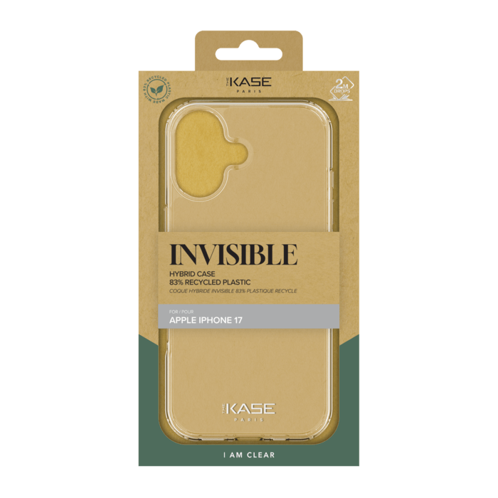 Coque hybride invisible fabriqu&eacute;e &agrave; 83 % de plastique recycl&eacute; pour Apple iPhone 17, transparente