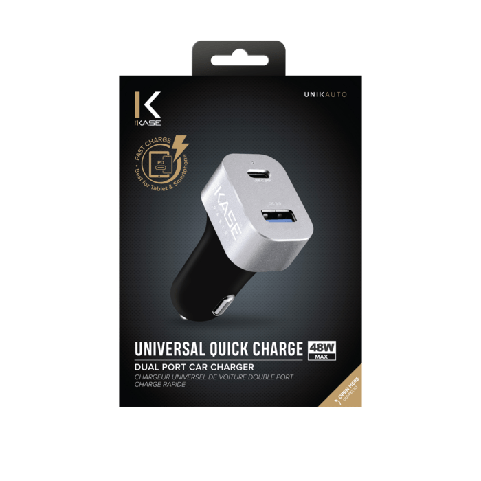 Chargeur universel de voiture double port charge rapide 48W (Power Delivery), Noir