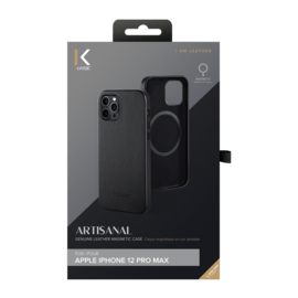 Coque magn&eacute;tique en cuir v&eacute;ritable artisanal pour Apple iPhone 12 Pro Max, Minuit Noir