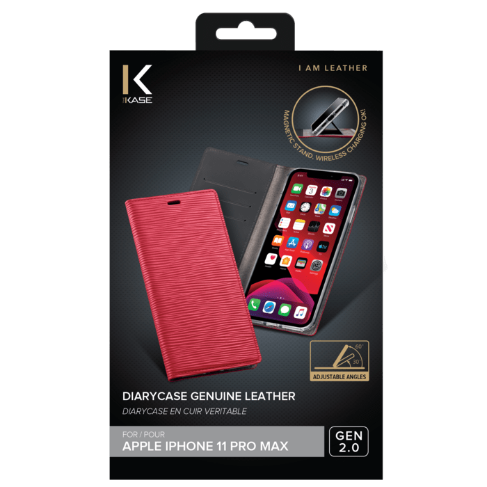 Diarycase 2.0 Coque clapet en cuir v&eacute;ritable avec support aimant&eacute; pour Apple iPhone 11 Pro Max, Rouge Bordeaux