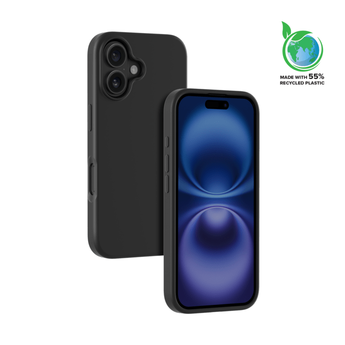 Coque antichoc en gel de silicone doux pour 55% de plastique recycl&eacute; Apple iPhone 16, Noir satin
