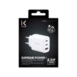 Chargeur Mural Trois Port Supreme+ Power GaN Fabriqu&eacute; Avec du 100% Plastique Recycl&eacute; - 65W (PPS), Blanc