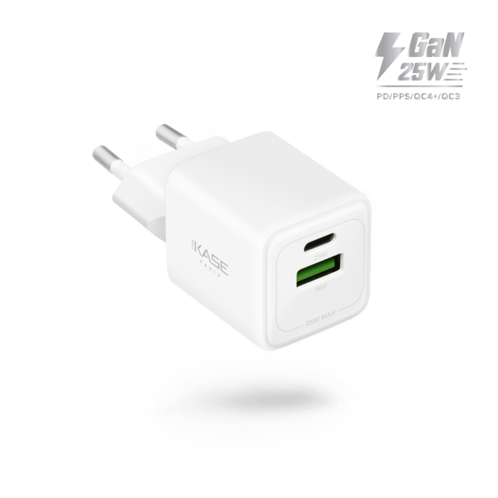 Chargeur Mural Double Port Supreme PowerLite GaN Fabriqu&eacute; Avec du 100% Plastique Recycl&eacute; - 25W (PPS), Blanc