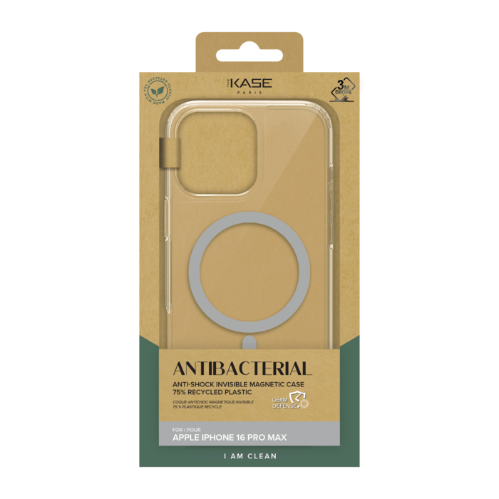 Coque antibactérienne antichoc magnétique invisible Fabriqué Avec du 75% Plastique Recyclé pour Apple iPhone 16 Pro Max, Transparente
