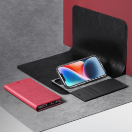 Diarycase 2.0 Coque clapet en cuir v&eacute;ritable avec support aimant&eacute; pour Apple iPhone 14, Rouge Bordeaux