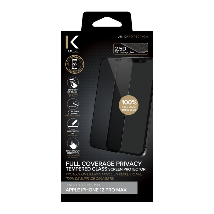 Full Coverage Privacy Tempered Glass Screen Protector for Apple iPhone 12 Pro Max, Black