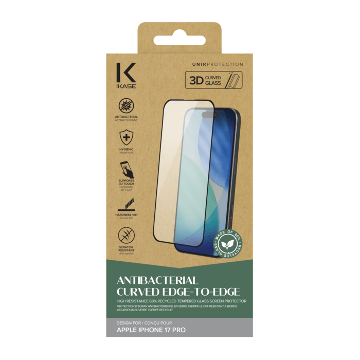 Protection d&rsquo;&eacute;cran antibact&eacute;rienne en verre tremp&eacute; ultra-r&eacute;sistant &agrave; bords incurv&eacute;s (60% verre tremp&eacute; recycl&eacute;) pour Apple iPhone 17 Pro, Noir