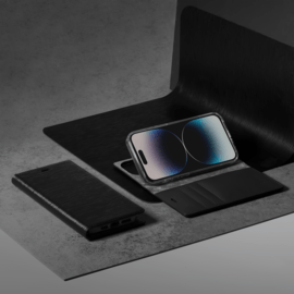 Diarycase 2.0 Coque clapet en cuir véritable avec support aimanté pour Apple iPhone 14 Pro, Minuit Noir