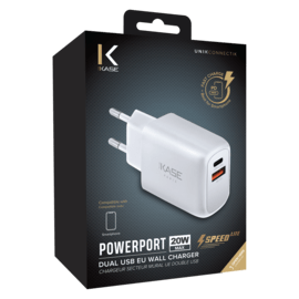 Caricabatteria da muro UE universale PowerPort Speed LITE a ricarica rapida da 20 W con doppia USB (alimentazione), bianco