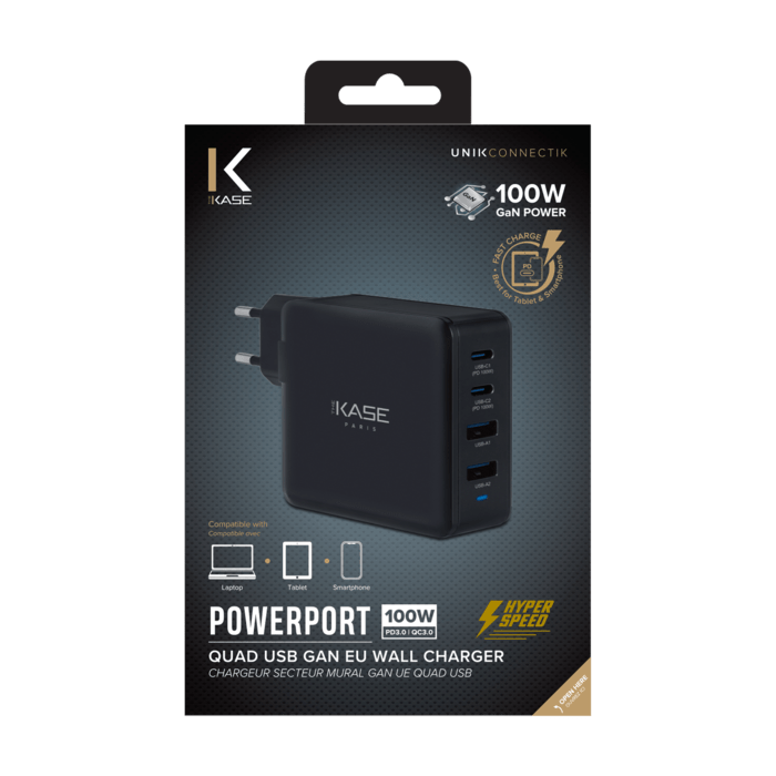 Chargeur secteur mural universel GaN UE quad USB PowerPort Hyper Rapide 100W, Noir