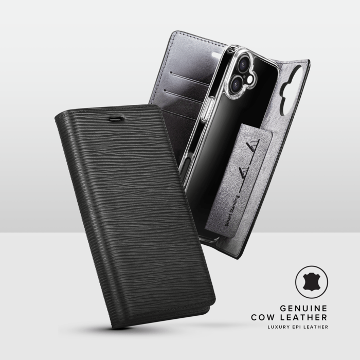 Diarycase 2.0 Coque clapet en cuir v&eacute;ritable avec support aimant&eacute; et fabriqu&eacute; avec un &eacute;tui en plastique recycl&eacute; pour Apple iPhone 17, Noir Minuit