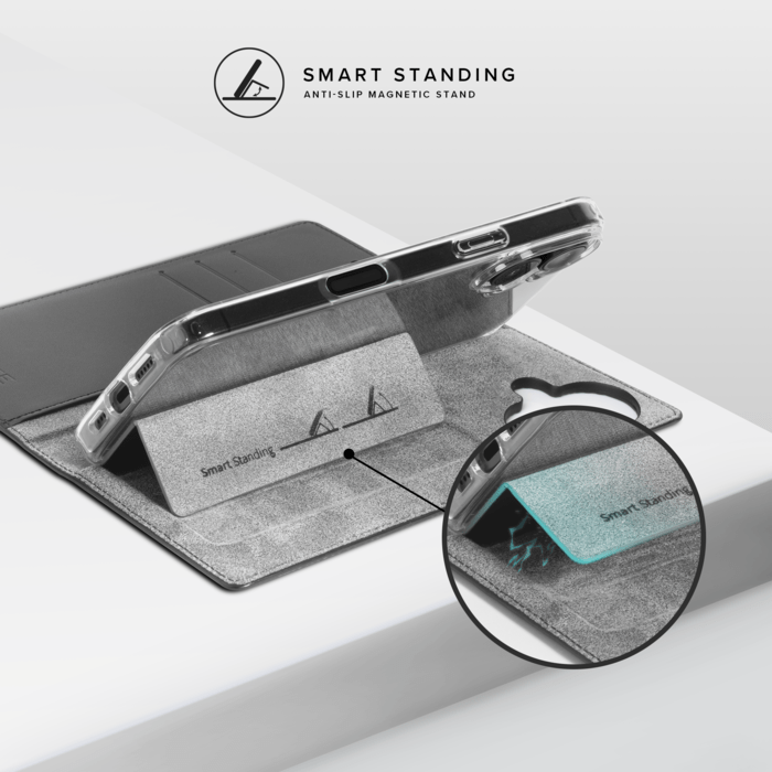 Diarycase 2.0 Coque clapet en cuir v&eacute;ritable avec support aimant&eacute; et fabriqu&eacute; avec un &eacute;tui en plastique recycl&eacute; pour Apple iPhone 17, Noir Minuit