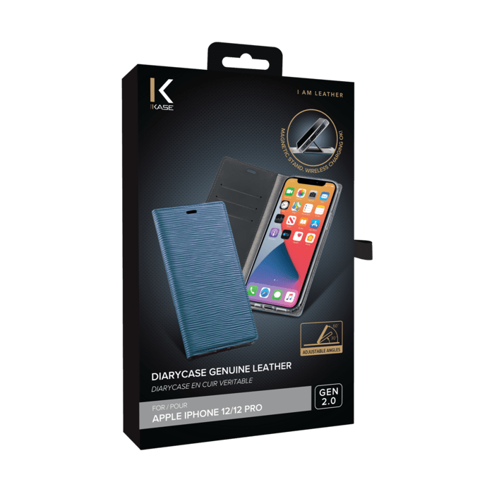 Diarycase 2.0 Coque clapet en cuir v&eacute;ritable avec support aimant&eacute; pour Apple iPhone 12/12 Pro, Bleu &Eacute;g&eacute;e