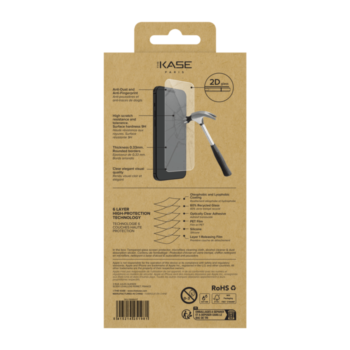 Protecteur d'écran en verre trempé de qualité supérieure (60% verre trempé recyclé) pour Apple iPhone 16 Pro, Transparent