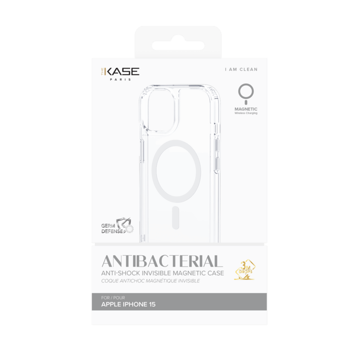 Coque antibact&eacute;rienne antichoc magn&eacute;tique invisible pour Apple iPhone 15, Transparente