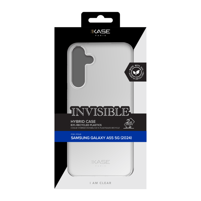 Coque hybride invisible fabriqu&eacute;e &agrave; 83 % de plastique recycl&eacute; pour Samsung Galaxy A55 5G 2024, transparente