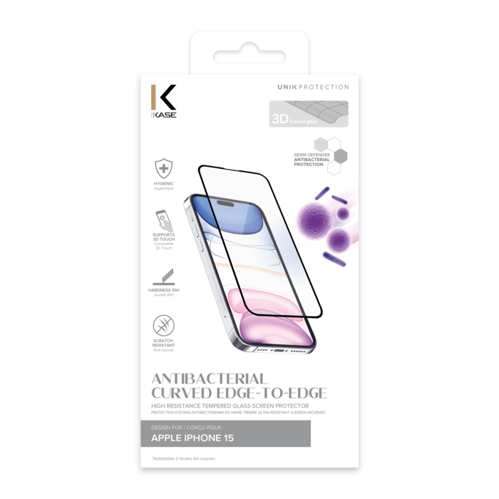 Protection d&rsquo;&eacute;cran antibact&eacute;rienne en verre tremp&eacute; ultra-r&eacute;sistant &agrave; bords incurv&eacute;s pour Apple iPhone 15, Noir