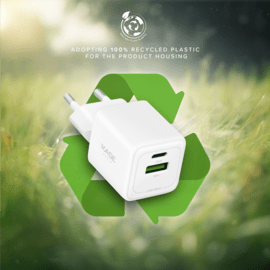 Chargeur Mural Double Port Supreme PowerLite GaN Fabriqu&eacute; Avec du 100% Plastique Recycl&eacute; - 25W (PPS), Blanc