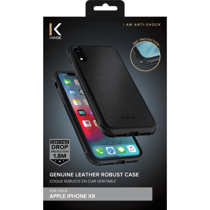 Coque robuste en cuir v&eacute;ritable pour iPhone XR, Noir de jais