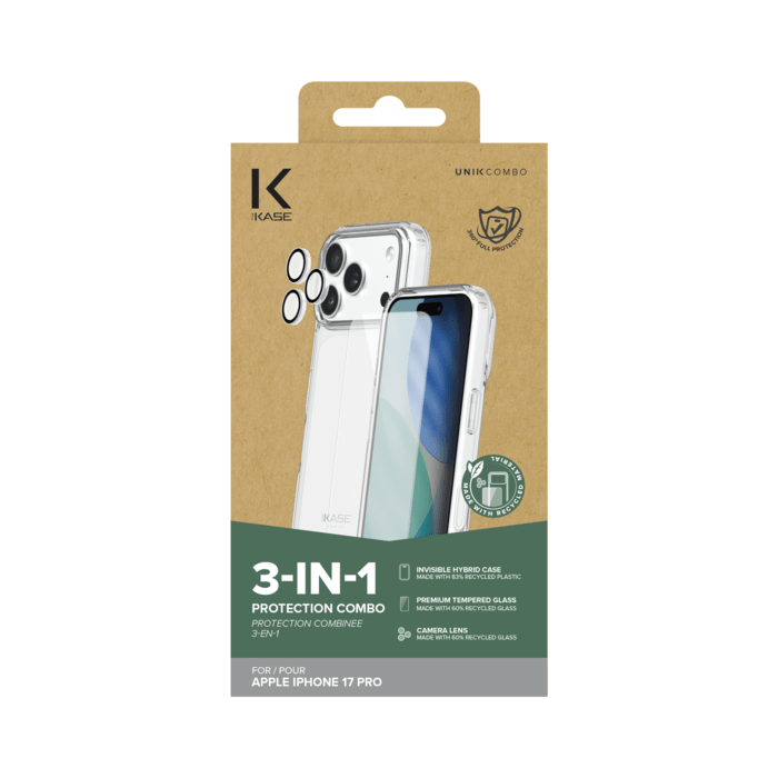 Pack combin&eacute; 3 en 1 (Coque Hybride Invisible, &Eacute;cran en Verre Tremp&eacute; de Qualit&eacute; Sup&eacute;rieure et Protecteur de l&rsquo;objectif de la cam&eacute;ra) pour Apple iPhone 17 Pro, Transparente