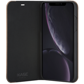 Case Flip Case for Apple iPhone XR, Black Saffiano & Natural Walnut Wood
