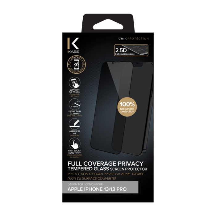 Protection d'&eacute;cran Priv&eacute;e en verre tremp&eacute; (100% de surface couverte) pour Apple iPhone 13/13 Pro, Noir