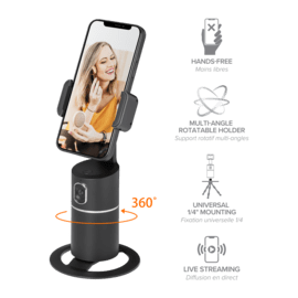Support selfie pour smartphone avec suivi à 360°, noir minuit