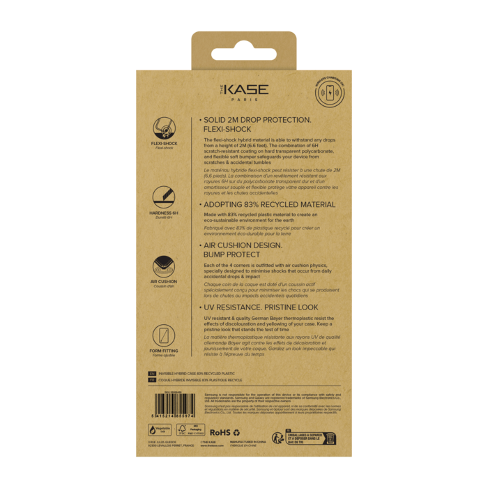 Coque hybride invisible fabriqu&eacute; avec 83% de plastique recycl&eacute; pour Samsung Galaxy S24 5G, Transparente
