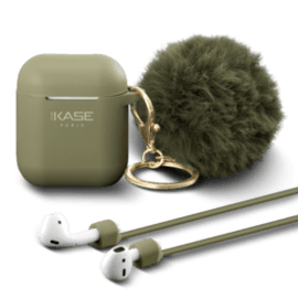 Case Fashionista Pom-Pom Charm & Case for Apple AirPods with Auto-Clip Strap, Olive Green