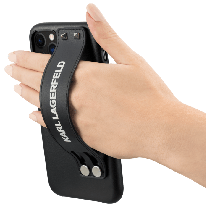 Custodia con cinturino a mano borchiata Karl Lagerfeld con supporto per Apple iPhone 11 Pro, nero
