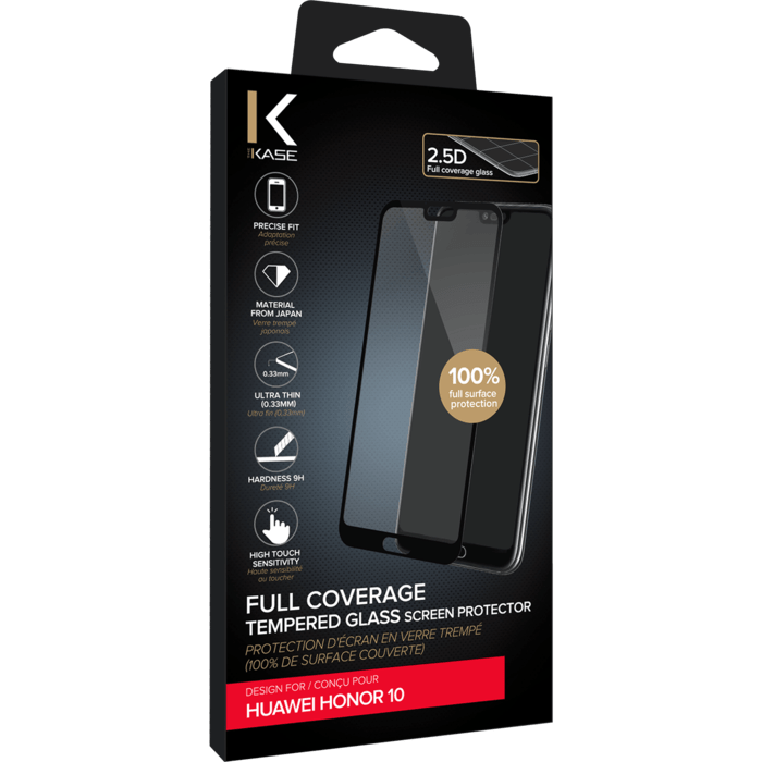 Protection d'écran en verre trempé (100% de surface couverte) pour Huawei Honor 10, Noir